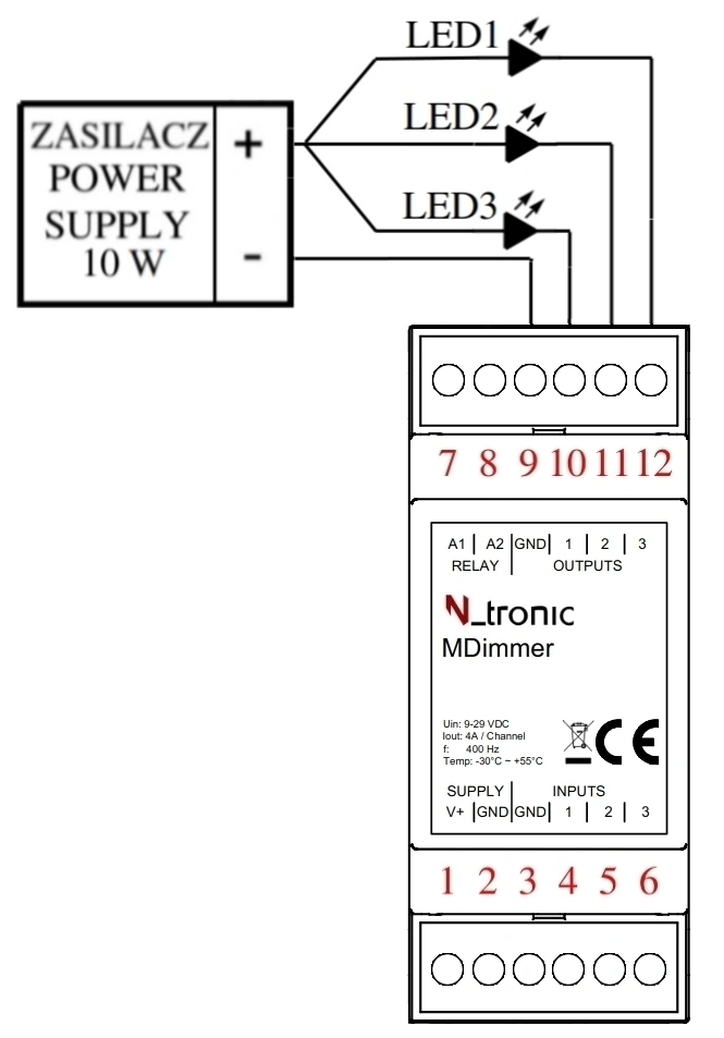 Podłączenie wyjść LED do regulatora LED